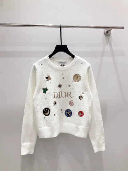 D 25 new heavy-duty hot-drilled letter planet pattern round neck long-sleeved knitted top(white/blue/gray)