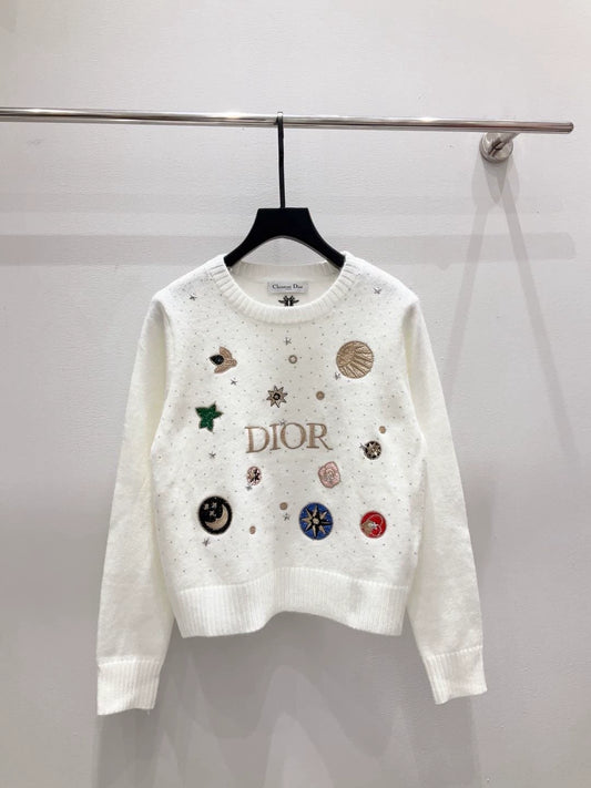 D 25 new heavy-duty hot-drilled letter planet pattern round neck long-sleeved knitted top(white/blue/gray)