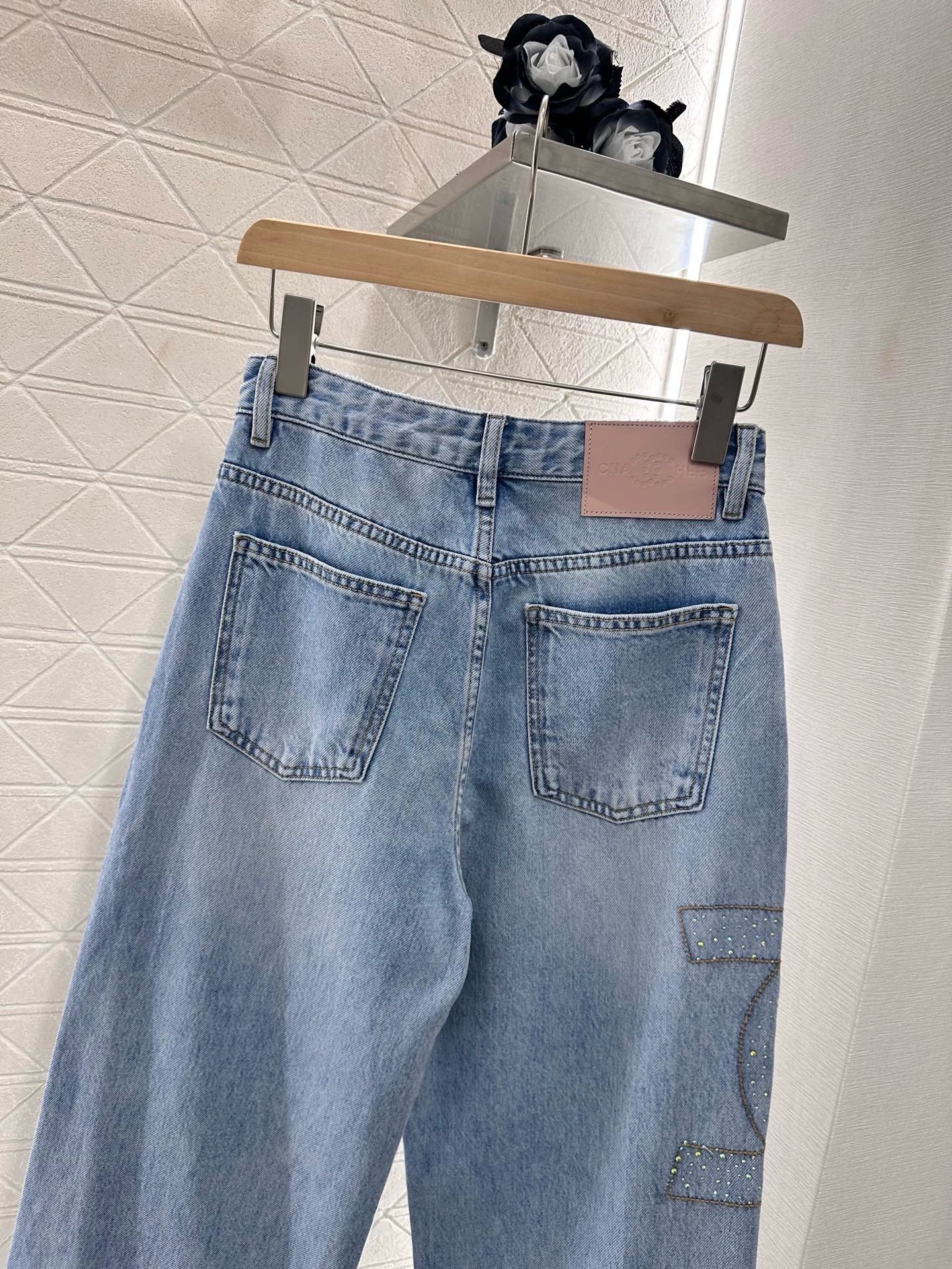 C 25 Wide Leg Rhinestone Denim Trousers