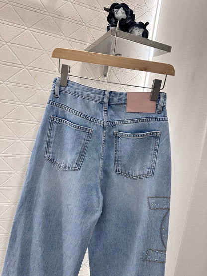 C 25 Wide Leg Rhinestone Denim Trousers