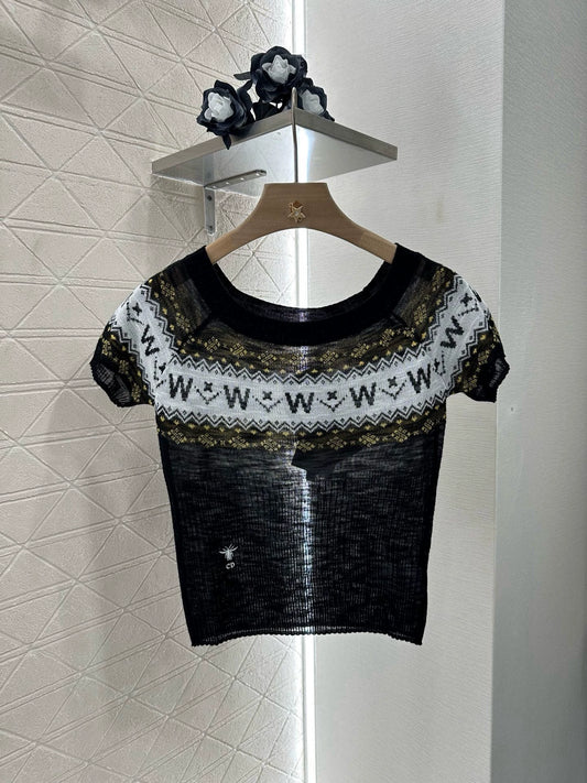 D 25 Fair Isle Floral Knit Short Sleeve Top