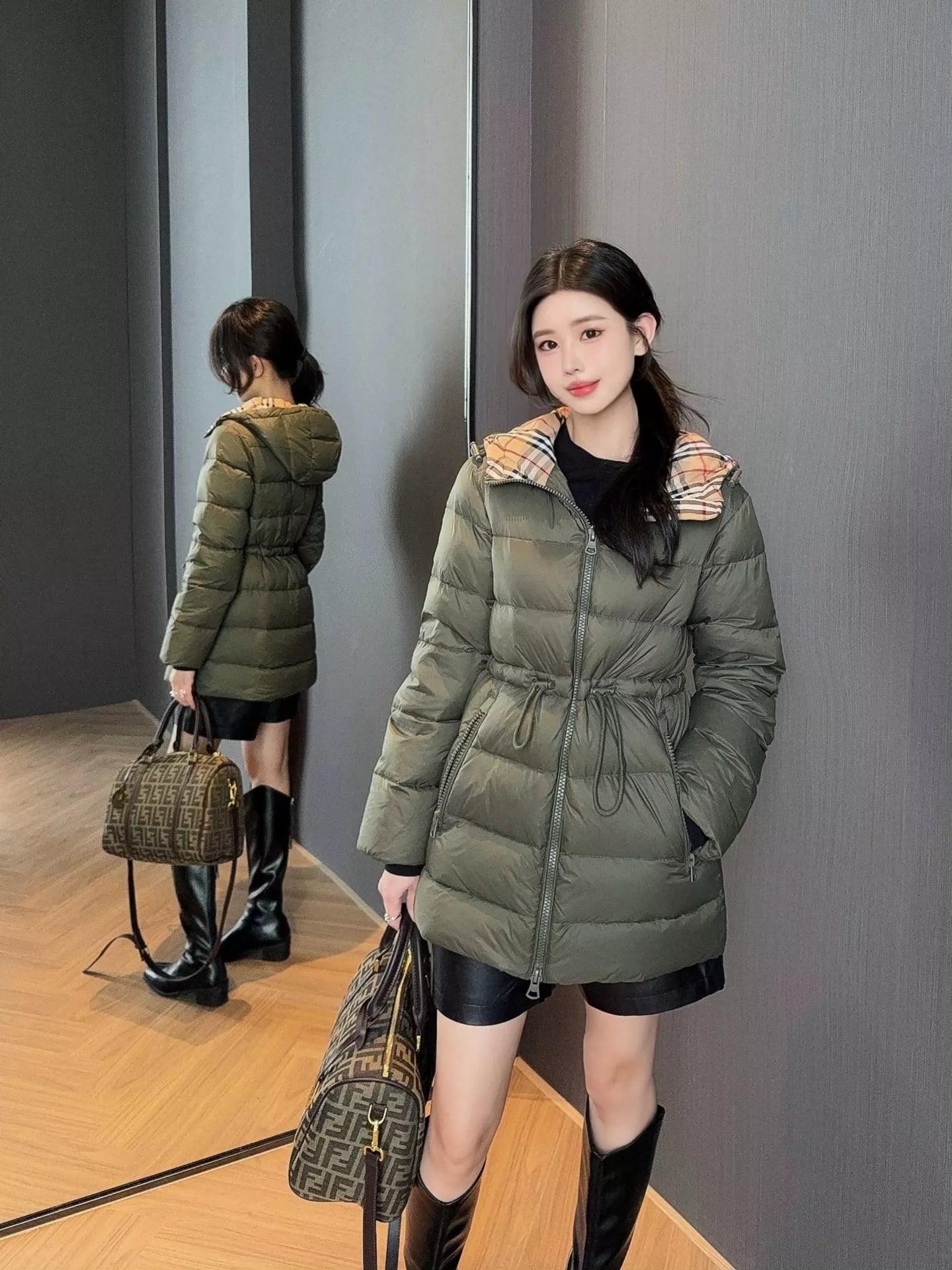 BRU 25fw Hooded drawstring waist down jacket