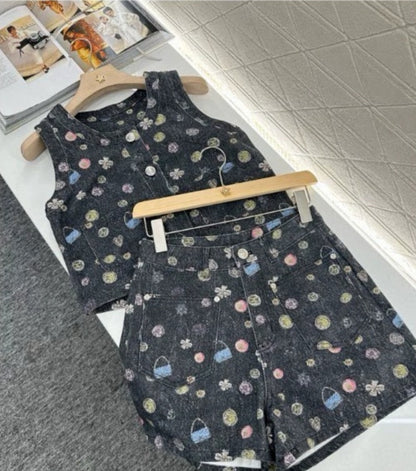 C 25 NEW Printed Colorful Denim Vest Shorts Set