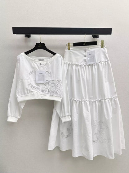 C 25 New holiday style hollow embroidery long sleeve + skirt set