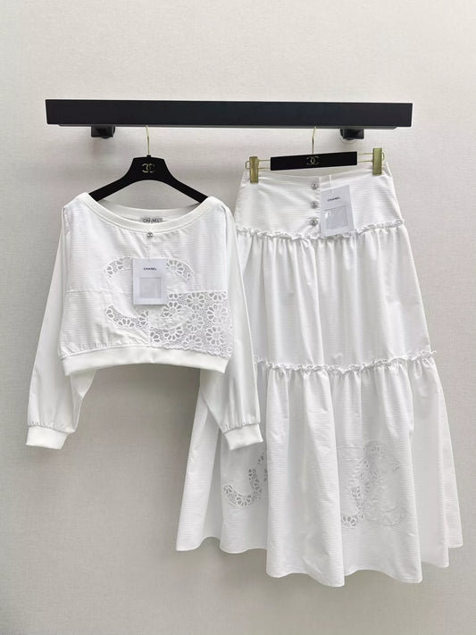 C 25 New holiday style hollow embroidery long sleeve + skirt set