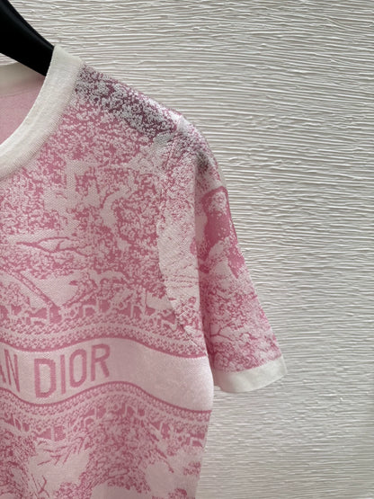 D 25 new color clashing print round neck short sleeve knitting(PINK GREEN GRAY)