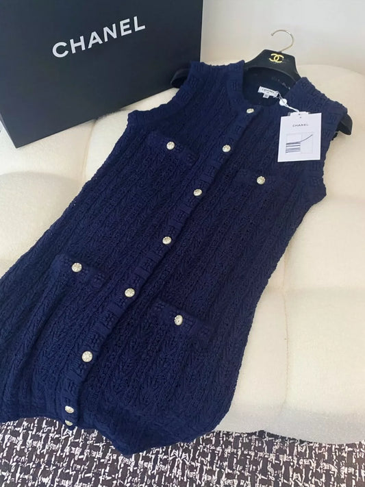 C 25 new hollow single-breasted round neck sleeveless knit dress (white pink navy)