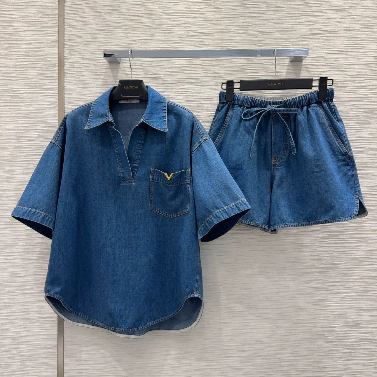 v 25 new metal buckle pocket lapel short sleeve top shorts denim suit