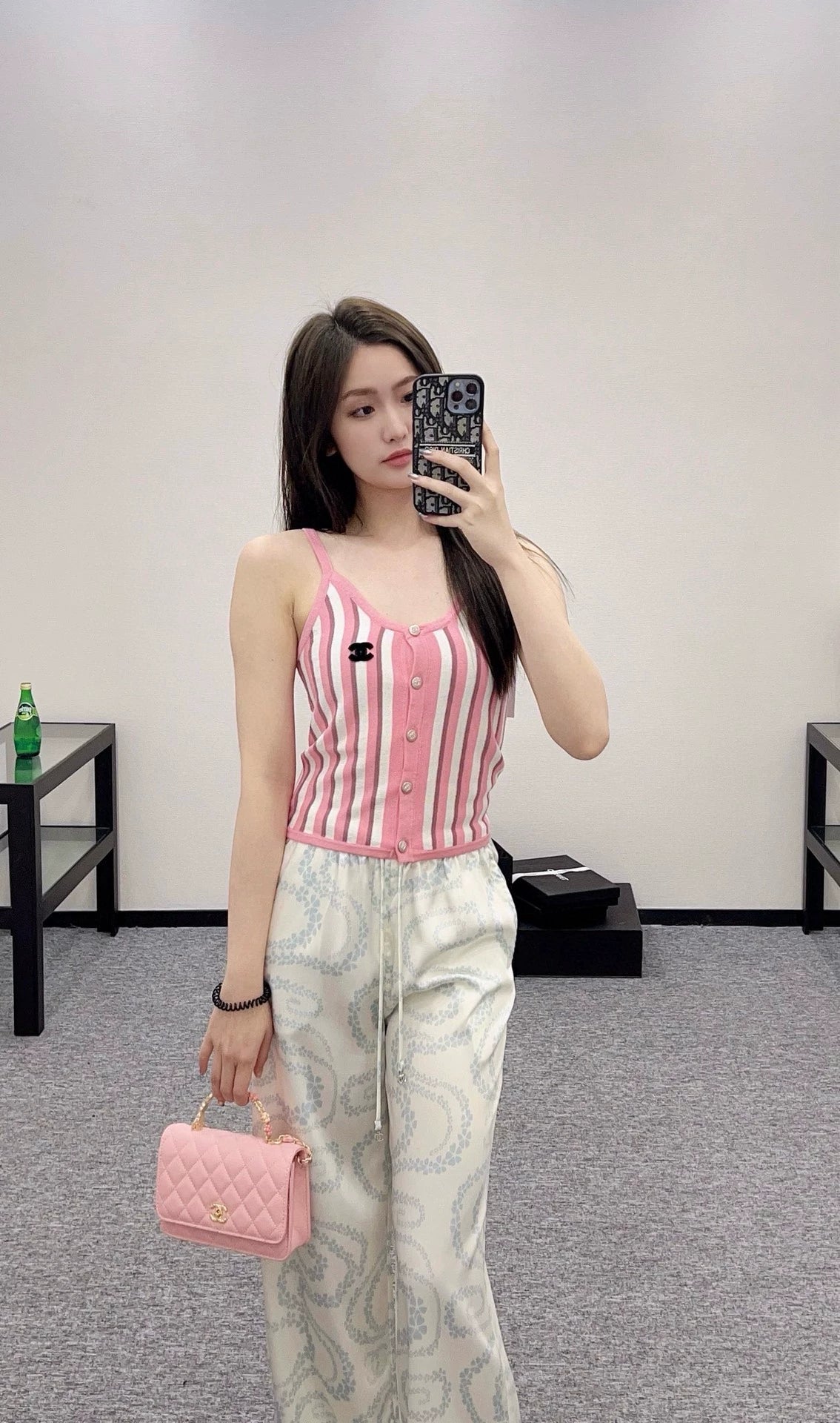C 25 Spring/Summer New Pink BLUE Striped Knit Cardigan Camisole Vest
