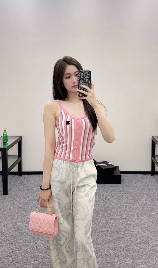 C 25 Spring/Summer New Pink BLUE Striped Knit Cardigan Camisole Vest