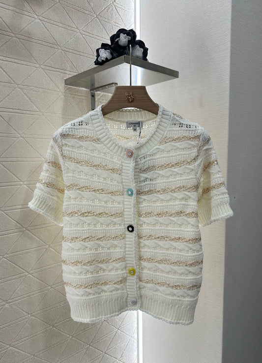 C 25 New Sequin Stripe Knit Short Sleeve Cardigan