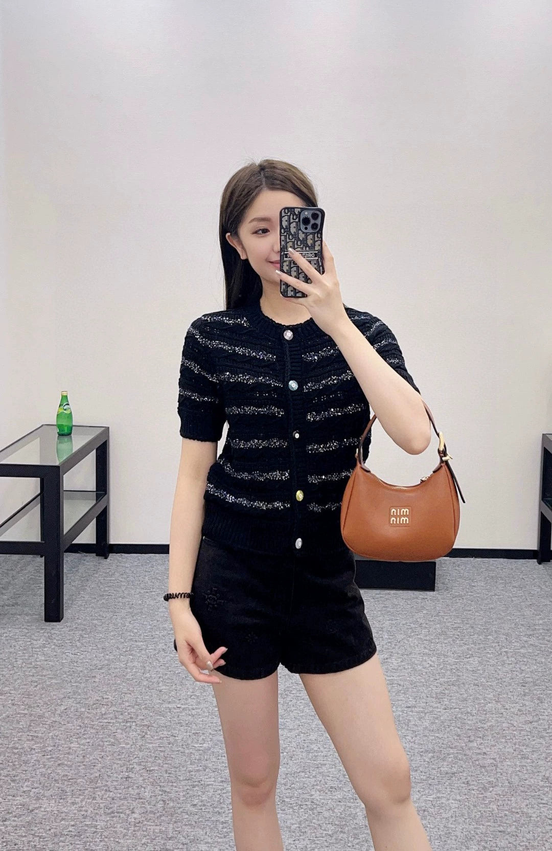 C 25 New Sequin Stripe Knit Short Sleeve Cardigan