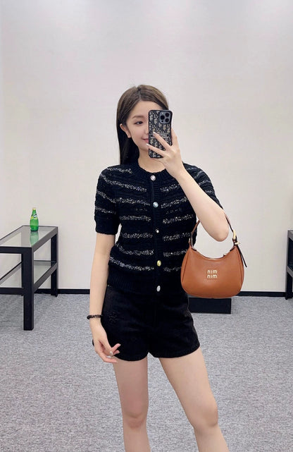 C 25 New Sequin Stripe Knit Short Sleeve Cardigan