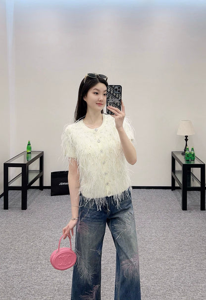 C 25 Rhinestone Feather Knit Cardigan(Black white)