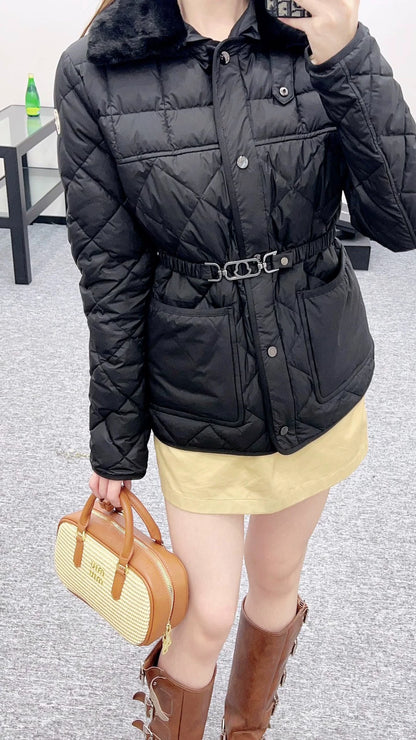 Mon 25 Down jacket with detachable belt and lapel.