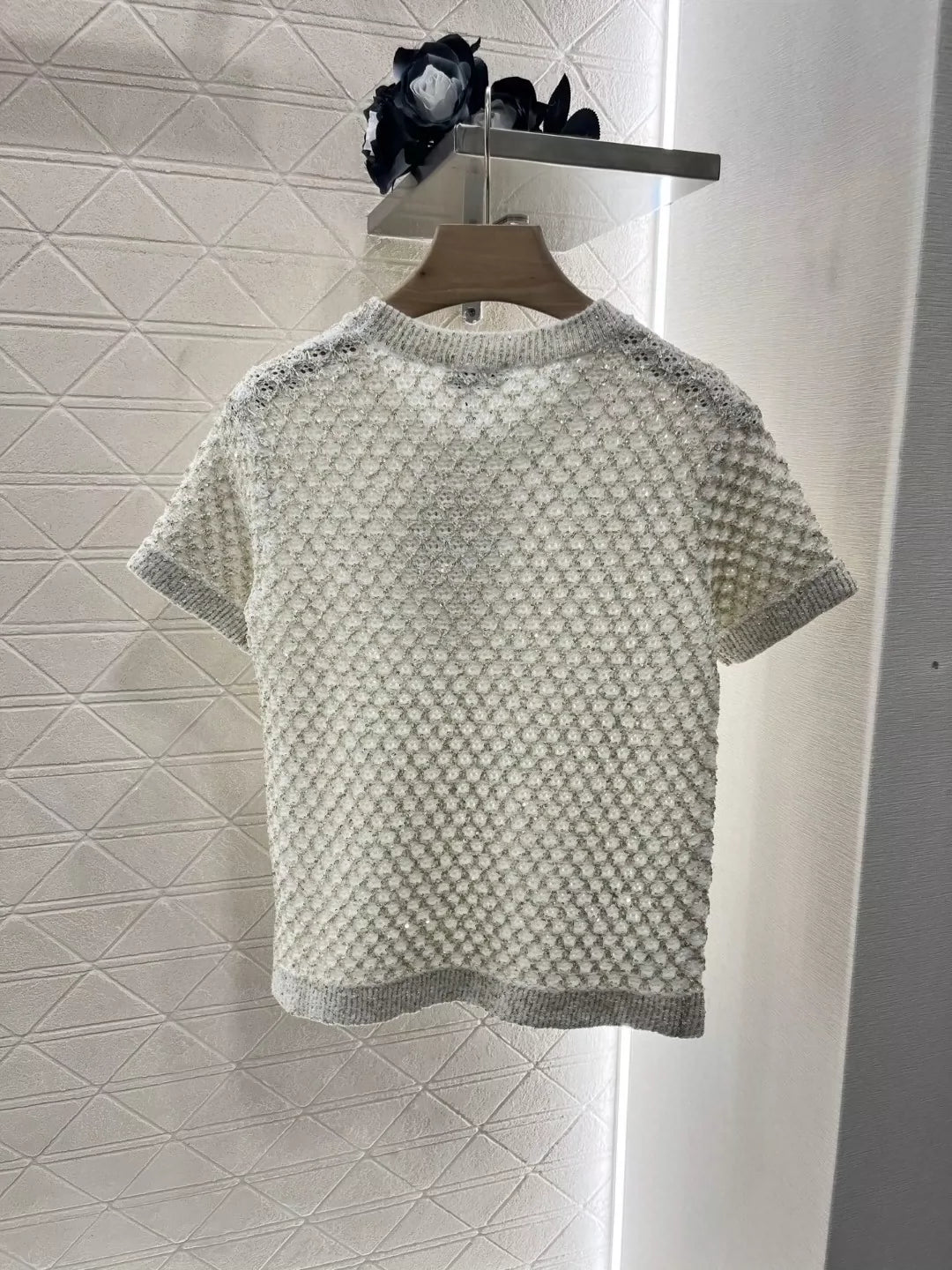 C 25 Beaded Micro Sheer Knit Short Sleeve Top(white pink black)