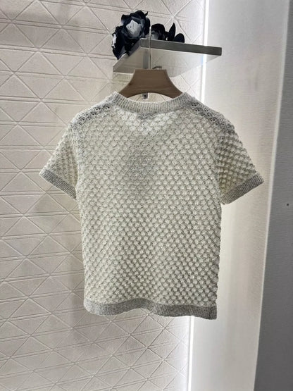 C 25 Beaded Micro Sheer Knit Short Sleeve Top(white pink black)