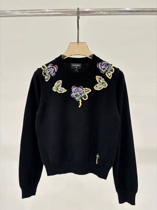 C 25 Spring and Summer New Round Neck Butterfly Floral Sequin Knitted Long Sleeve