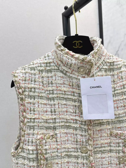 C 25fw Woven long tweed vest dress