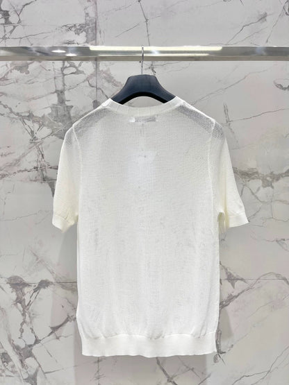 D 25 New Mesh Bee Embroidery Big Butterfly Concealed Breathable Short Sleeve Knit Top