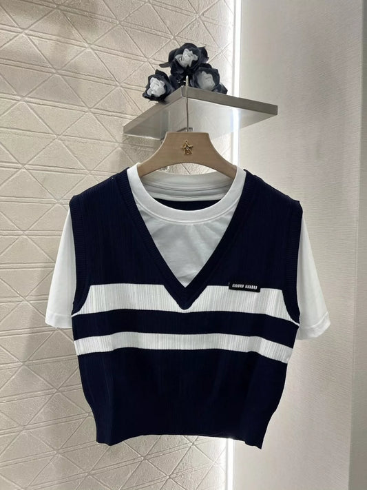 M 25 New Color Clash Fake Two Piece Top