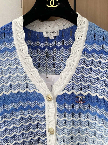 C 25 new color clashing stripes single-breasted V-neck short-sleeved knit cardigan
