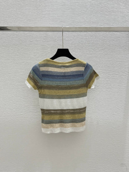 C 2025 Summer New Color Striped Knitted Short Sleeve Top