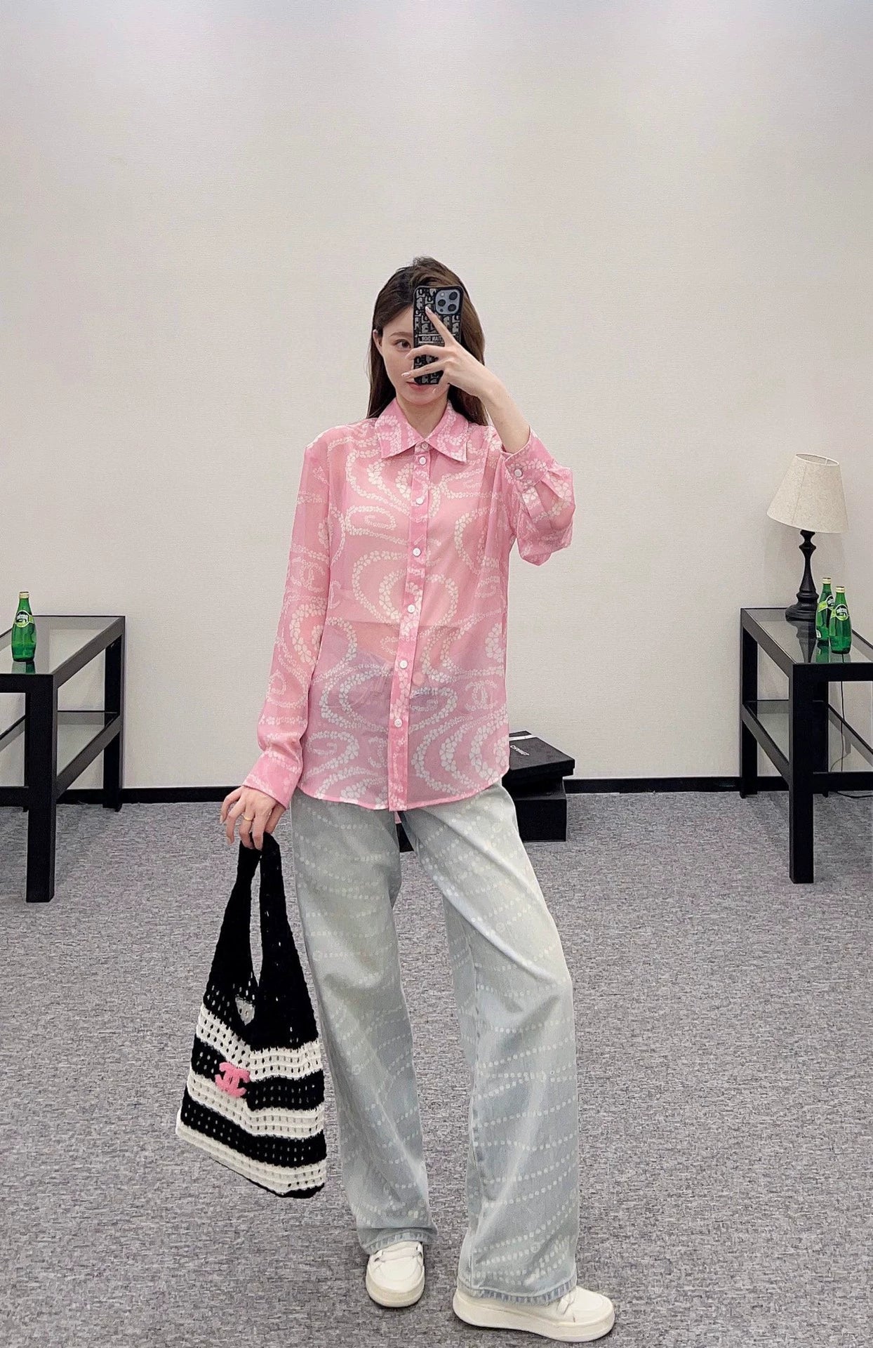 C 25 Printed Lapel Shirt（Black，Pink，Orange）