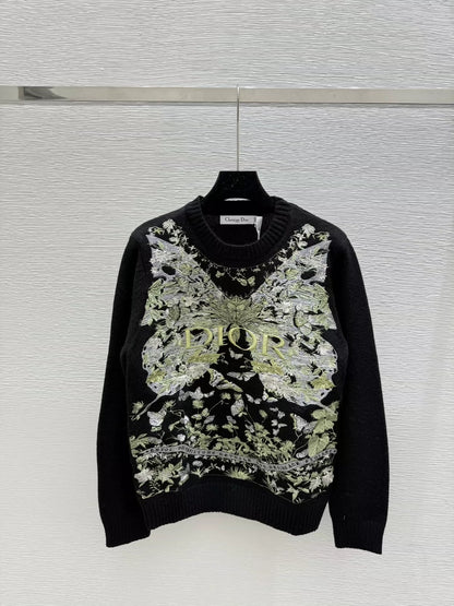 D 25 Embroidered letter butterfly round neck pullover knit long sleeves