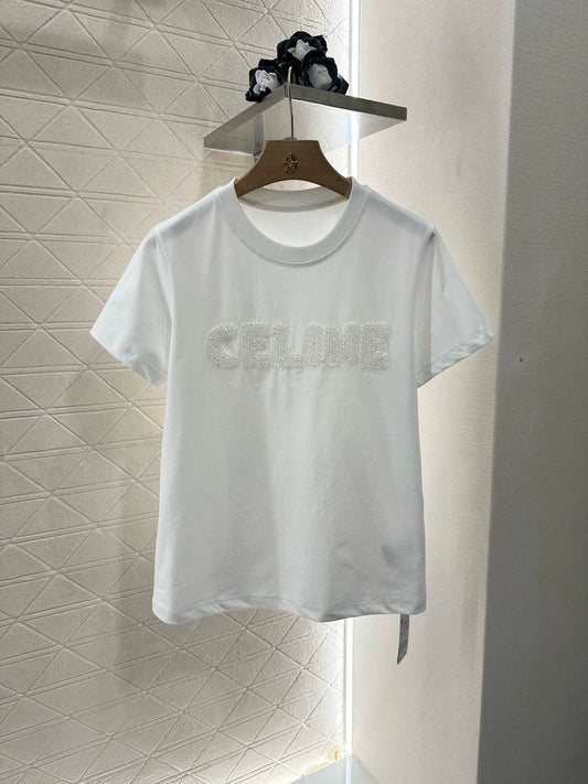 Ce 25 New Studded embroidery letters round neck short sleeve T-shirt