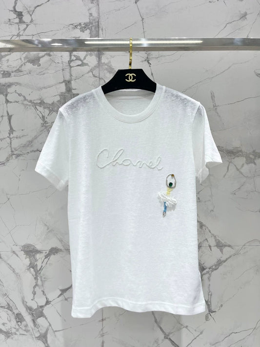 C 25 New Handmade Beaded Dance Cotton Round Neck Short Sleeve T-Shirt