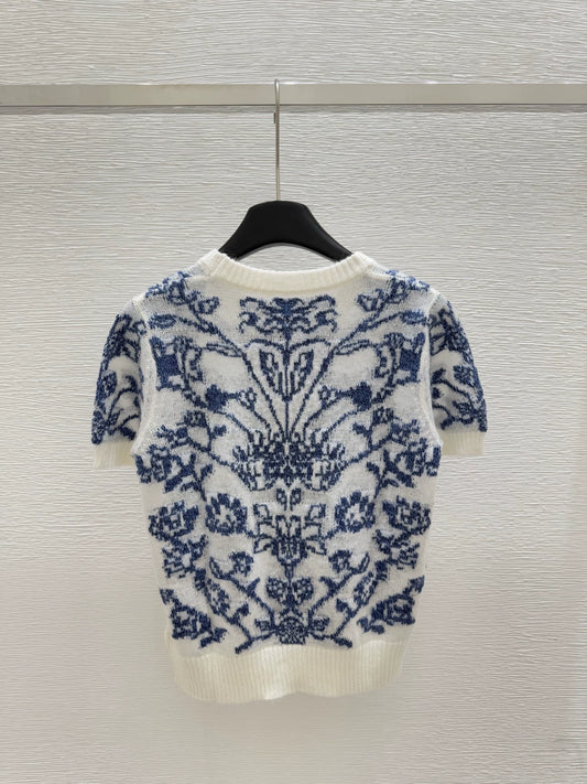 D 25 new blue and white porcelain jacquard round neck short sleeve knitted top