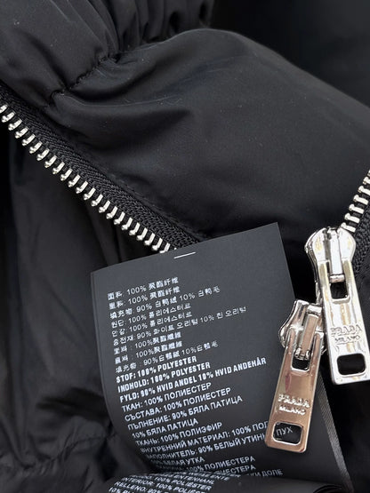 P 25fw Hooded slim-fit mid-length down jacket