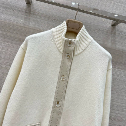 LOR 25 Autumn and Winter Lambskin Trim Leather Button Pure Cashmere Jacket
