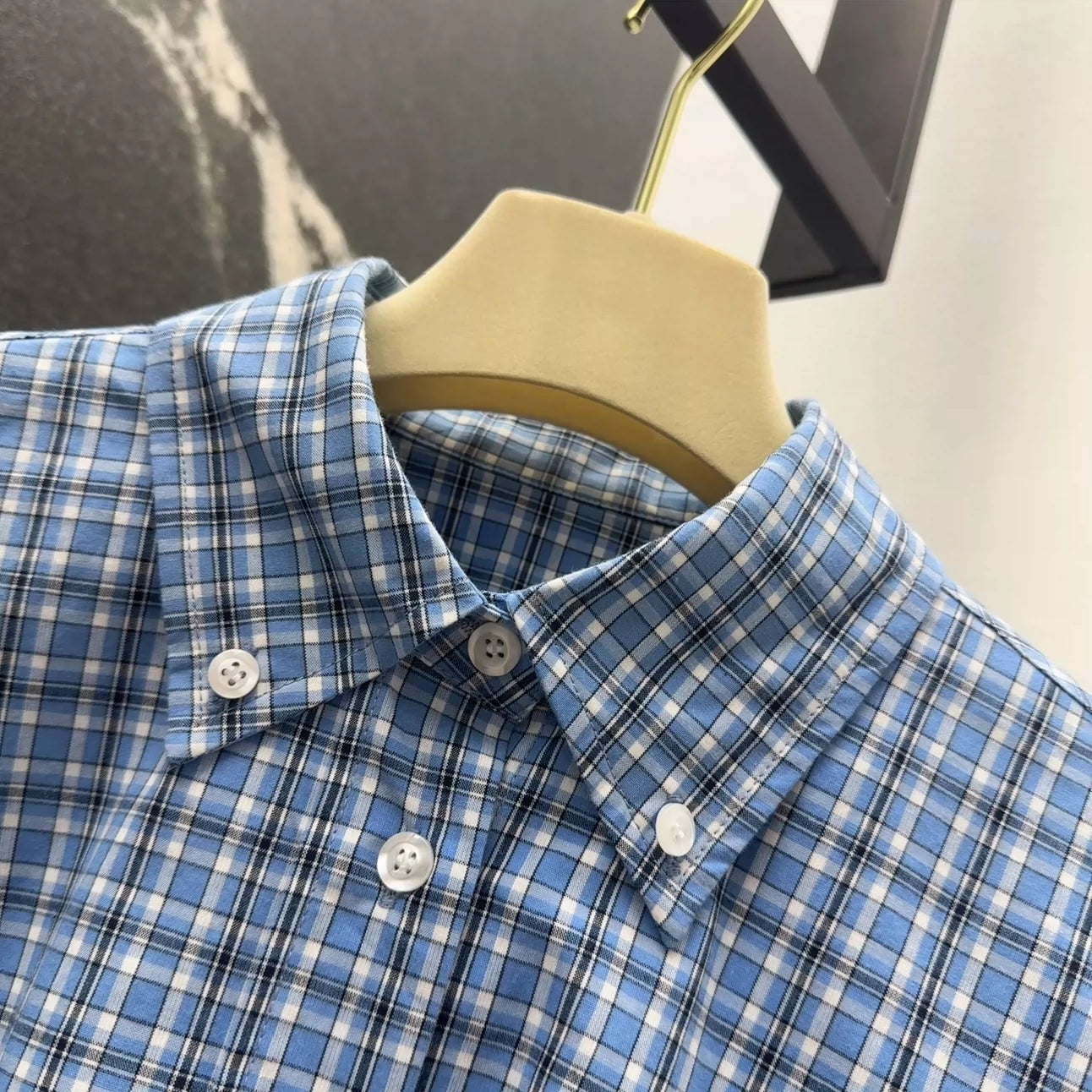 m 25 Spring and Summer New Blue Plaid Short Shirt