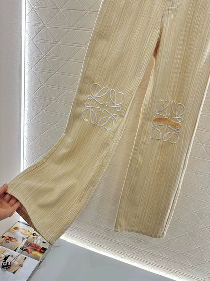 LO 25 New Wide Leg Striped Embroidered Ripped Jeans