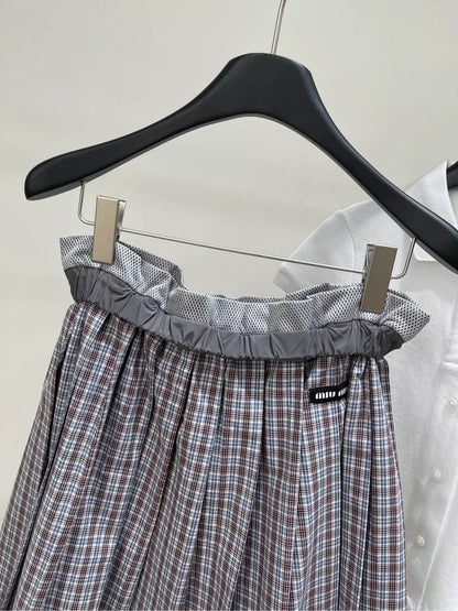 M 25 Summer new style mesh outer-turned dark red fine check mid-length skirt