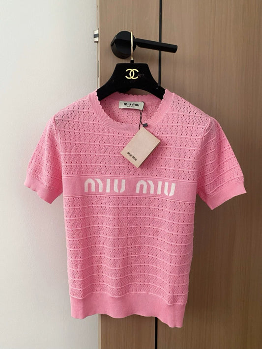 M 25 new color collision letters hollow round neck short sleeve knit tops