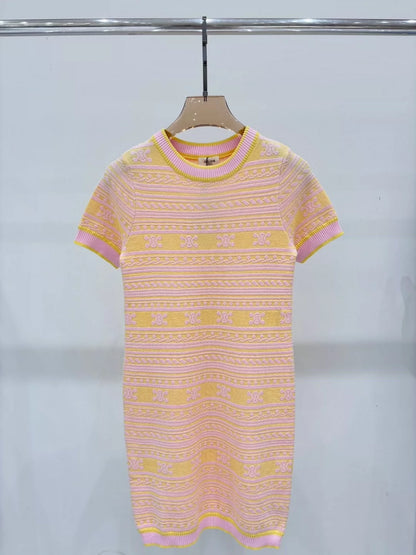 CE 25 Summer new round neck striped jacquard simple slim fit knitted dress