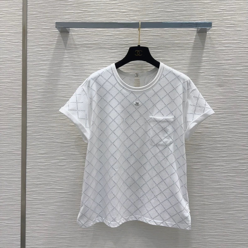 C 25 New Hot rhinestone diamond lattice pockets ageing round neck short sleeve（black，white）