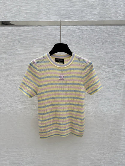 C 25 new color clashing striped round neck short sleeve knitting