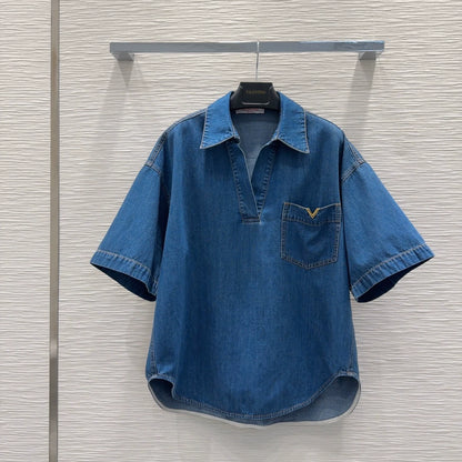 v 25 new metal buckle pocket lapel short sleeve top shorts denim suit