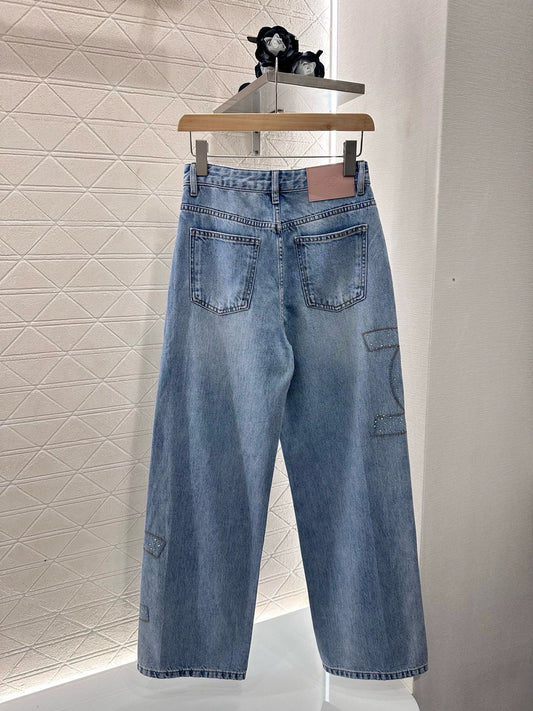 C 25 Wide Leg Rhinestone Denim Trousers