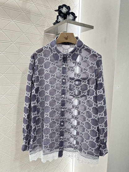G 25 spring and summer new lace patchwork jacquard shirt（white purple）