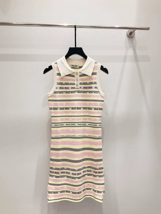 M 25 new full print letter jacquard striped polo collar sleeveless knitted dress
