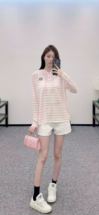 LO 25 spring and summer new Hooded striped knit sun top