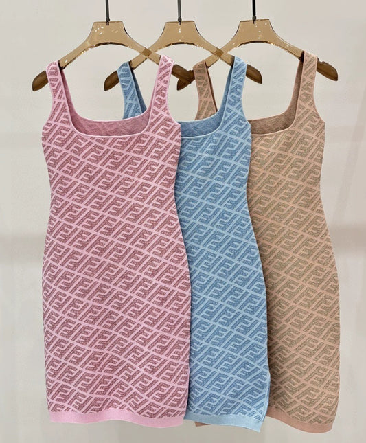F 25 New Alphabet Slash Neck Vest Dresses(pink blue brown)