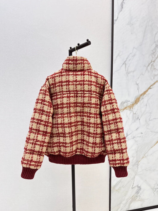 C 25 New fall/winter ski tweed plaid stand-collar down jacket