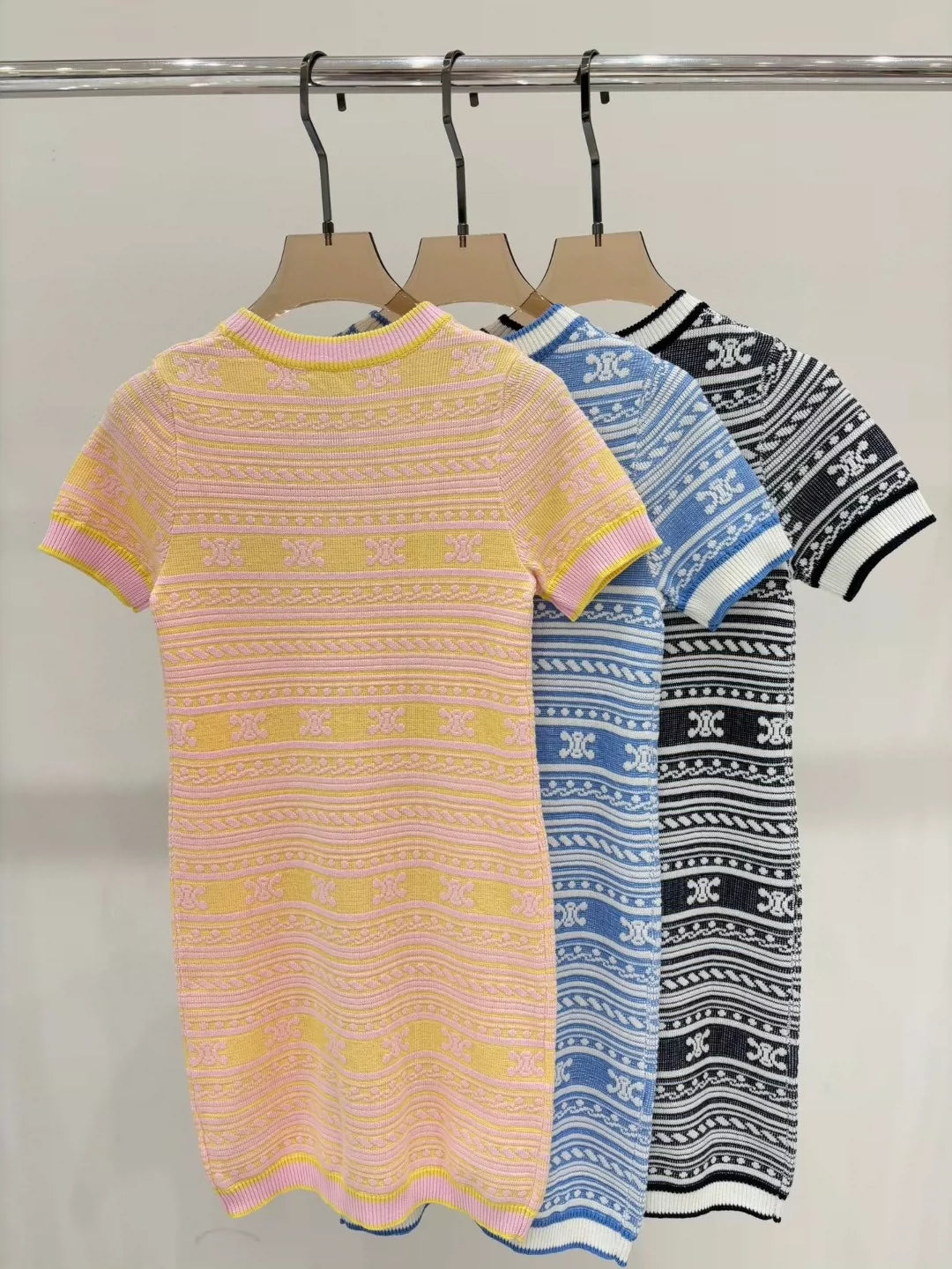 CE 25 Summer new round neck striped jacquard simple slim fit knitted dress