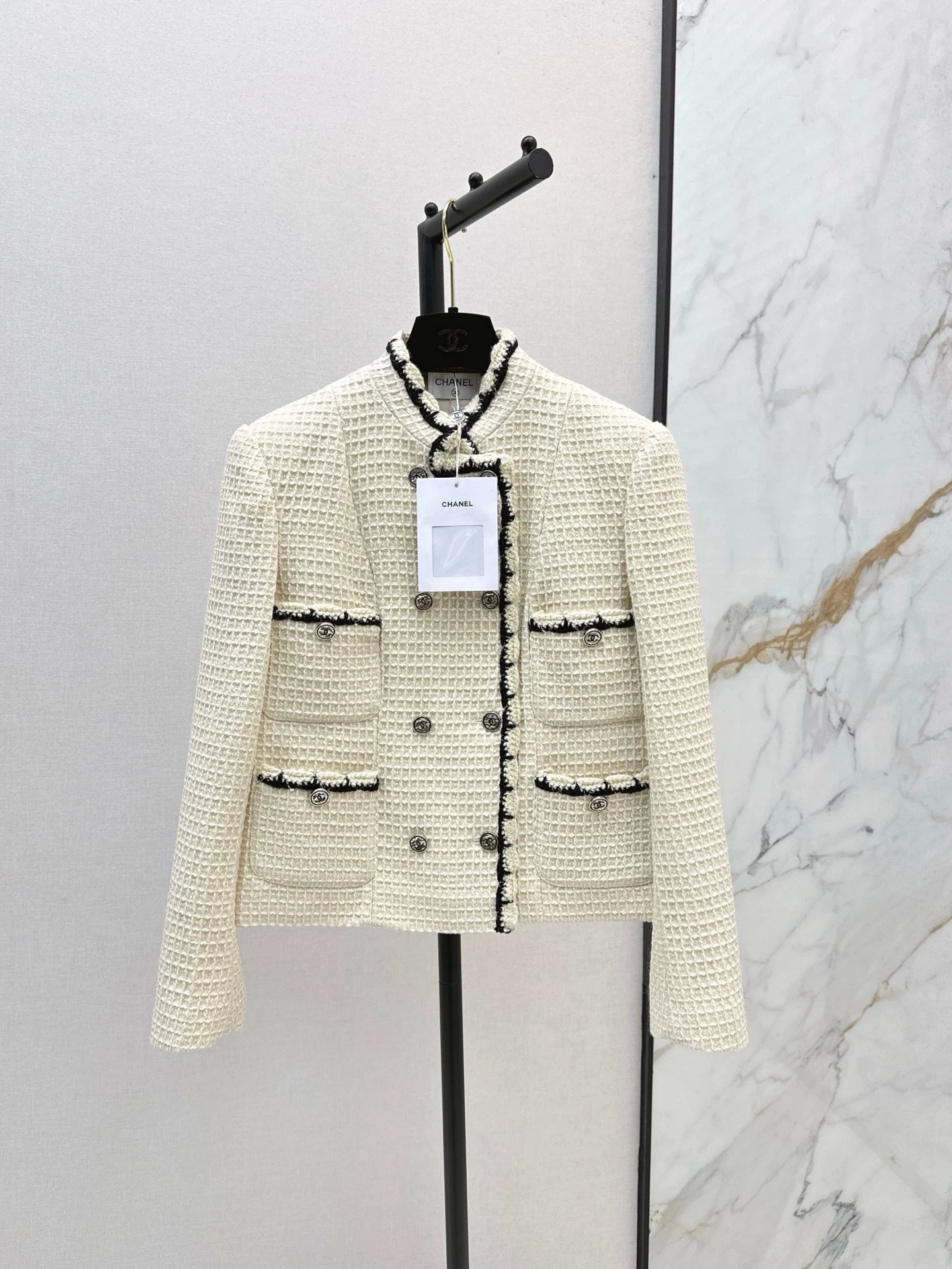 C 25 New double-breasted woven tape trim design stand collar jacket